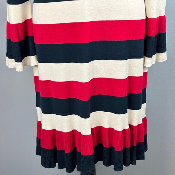 Loft Red White Blue Striped Dress Ribbed Flutter Bell Sleeves Ruffle Bottom New - Picture 6 of 13